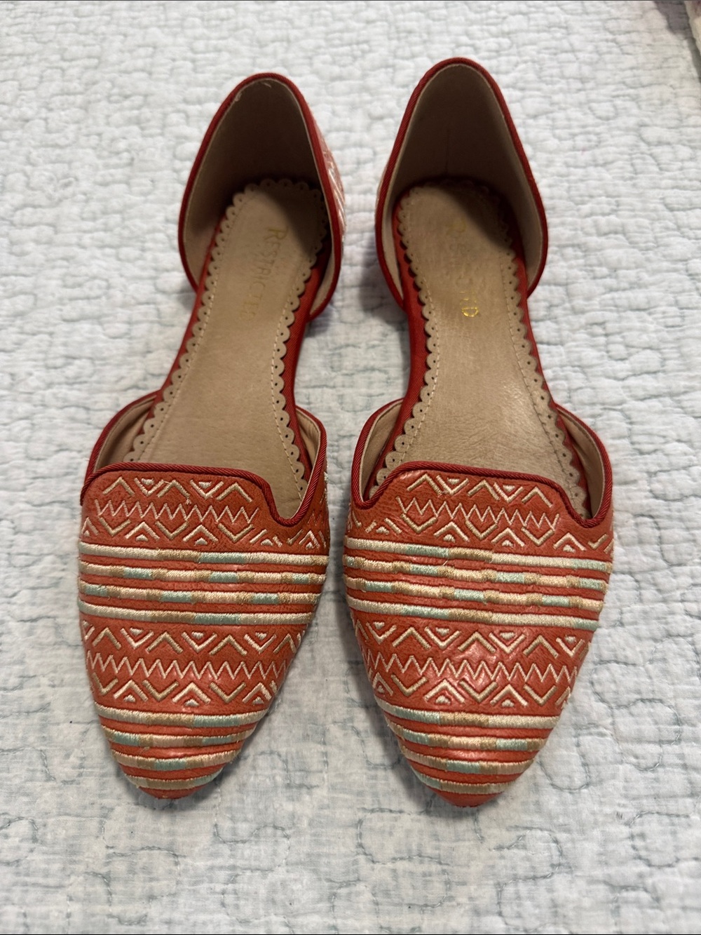Restricted Rust Embroidered D'Orsay Flats with Metallic Stripes